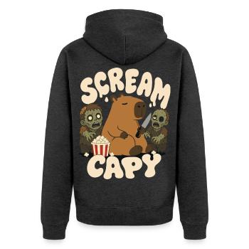 Capybara mit Zombies – Scream Capy - Unisex Premium Bio Zip Hoodie - Anthrazit meliert - Hinten - Nico (187cm)