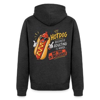 Freche Sonnenbrillen-Hotdog: Erwachsenen-Pause - Unisex Premium Bio Zip Hoodie - Anthrazit meliert - Hinten - Nico (187cm)