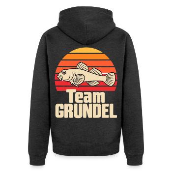 Team Grundel - Unisex Premium Bio Zip Hoodie - Anthrazit meliert - Hinten - Nico (187cm)