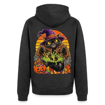 Hexenkatze im Hexenkessel Halloween - Unisex Premium Bio Zip Hoodie - Anthrazit meliert - Hinten - Nico (187cm)