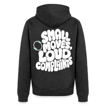 Pilates – Small Moves, Loud Complaints - Unisex Premium Bio Zip Hoodie - Anthrazit meliert - Hinten - Nico (187cm)