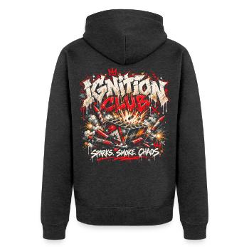 Ignition Club - Sparks Smoke Chaos - Unisex Premium Bio Zip Hoodie - Anthrazit meliert - Hinten - Nico (187cm)