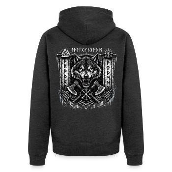 Fenrir Wolf mit Runen und Äxten – Noventra - Unisex Premium Bio Zip Hoodie - Anthrazit meliert - Hinten - Nico (187cm)