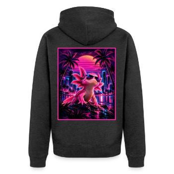 Retro Synthwave Axolotl – 80er Neon Design - Unisex Premium Bio Zip Hoodie - Anthrazit meliert - Hinten - Nico (187cm)