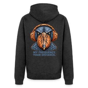 Shoebill mit Kopfhörern – My Frequency Your Dista - Unisex Premium Bio Zip Hoodie - Anthrazit meliert - Hinten - Nico (187cm)