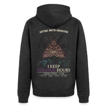 Gothic Moth Observer: Strange Hours - Unisex Premium Bio Zip Hoodie - Anthrazit meliert - Hinten - Nico (187cm)