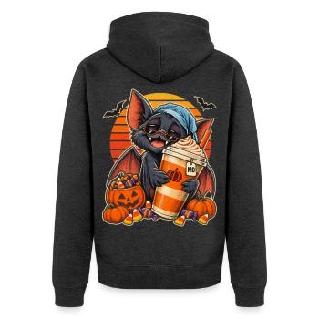 Halloween Fledermaus mit Kürbis-Kaffee - Unisex Premium Bio Zip Hoodie - Anthrazit meliert - Hinten - Nico (187cm)