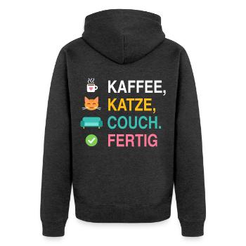 Kaffee, Katze, Couch. Fertig – Katzen Spruch - Unisex Premium Bio Zip Hoodie - Anthrazit meliert - Hinten - Nico (187cm)