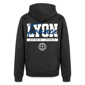 Lyon Frankreich Koordinaten Reise Souvenir - Unisex Premium Bio Zip Hoodie - Anthrazit meliert - Hinten - Nico (187cm)