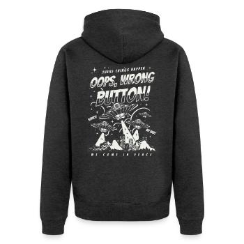 Gaming Ufo Shirt - Oops Wrong Button Grafik - Unisex Premium Bio Zip Hoodie - Anthrazit meliert - Hinten - Nico (187cm)