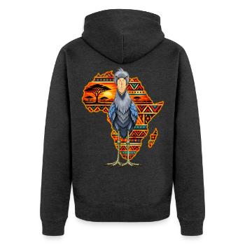 Schuhschnabel gegen einen farbenfrohen afrikanischen Kontinent - Unisex Premium Bio Zip Hoodie - Anthrazit meliert - Hinten - Nico (187cm)