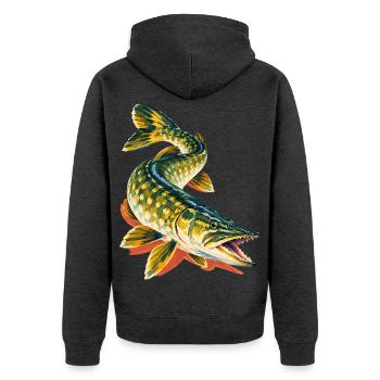 Hecht Angeln Raubfisch Hechtangler Geschenk - Unisex Premium Bio Zip Hoodie - Anthrazit meliert - Hinten - Nico (187cm)