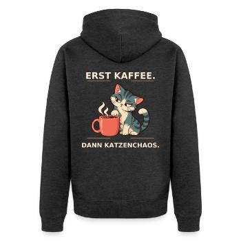 Erst Kaffee, Dann Katzenchaos - Unisex Premium Bio Zip Hoodie - Anthrazit meliert - Hinten - Nico (187cm)