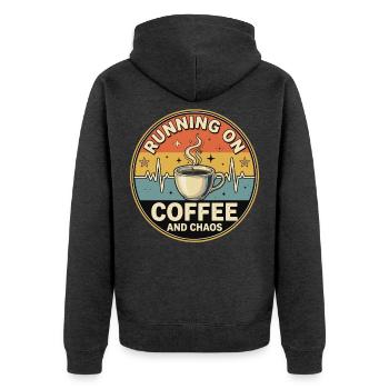 Running On Coffee and Chaos Retro  - Unisex Premium Bio Zip Hoodie - Anthrazit meliert - Hinten - Nico (187cm)