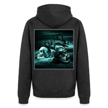 Schädel und Schlange im Schatten - Unisex Premium Bio Zip Hoodie - Anthrazit meliert - Hinten - Nico (187cm)