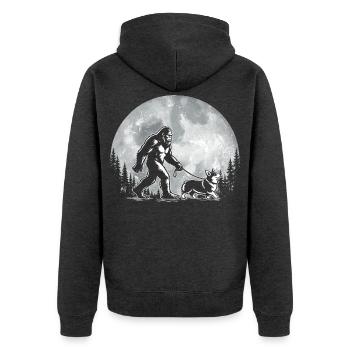 Bigfoot Walking Corgi – Walisischer Corgi, Hundemama, Vater - Unisex Premium Bio Zip Hoodie - Anthrazit meliert - Hinten - Nico (187cm)