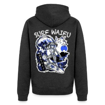 SURF WAIFU Blue Cyberpunk Neo Ukiyo-E Japan - Unisex Premium Bio Zip Hoodie - Anthrazit meliert - Hinten - Nico (187cm)