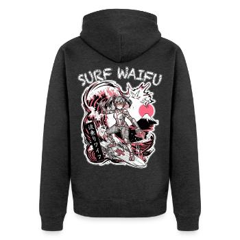 SURF WAIFU Pink Cyberpunk Neo Ukiyo-E Japan - Unisex Premium Bio Zip Hoodie - Anthrazit meliert - Hinten - Nico (187cm)