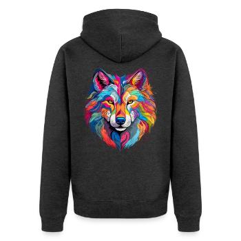 Bunter Wolf – farbiges Tiermotiv - Unisex Premium Bio Zip Hoodie - Anthrazit meliert - Hinten - Nico (187cm)