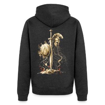 Spartanischer Schwert-Schildhelm Tinten-Kunstkrieger - Unisex Premium Bio Zip Hoodie - Anthrazit meliert - Hinten - Nico (187cm)