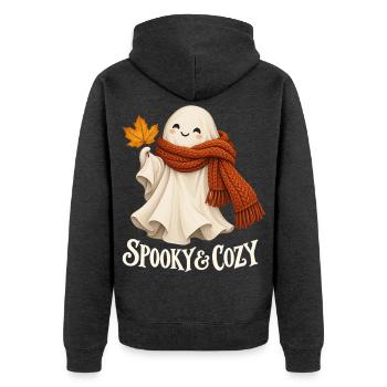 Spooky & Cozy - Herbstgeist mit rotem Schal - Unisex Premium Bio Zip Hoodie - Anthrazit meliert - Hinten - Nico (187cm)