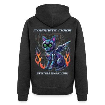 Katze Cybernetic Chaos, Cyberpunk - Unisex Premium Bio Zip Hoodie - Anthrazit meliert - Hinten - Nico (187cm)