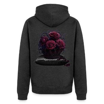 Dunkle Rosenkrone auf Samtkissen - Unisex Premium Bio Zip Hoodie - Anthrazit meliert - Hinten - Nico (187cm)