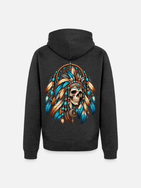 Indian Skull Feathers Türkis Traumfänger - Unisex Premium Bio Zip Hoodie - Anthrazit meliert