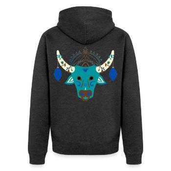 Blauer Stier mit festlichem Kopfschmuck - Unisex Premium Bio Zip Hoodie - Anthrazit meliert - Hinten - Nico (187cm)