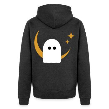 Moon Ghost Badge – Minimal Line‑Art T‑Shirt | Weiß - Unisex Premium Bio Zip Hoodie - Anthrazit meliert - Hinten - Nico (187cm)