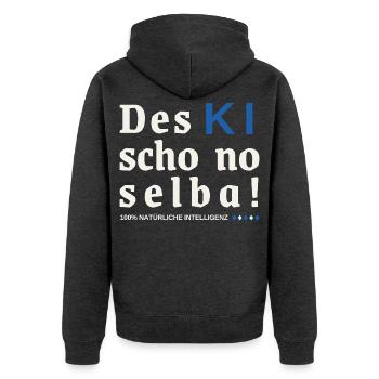 Des KI schon no selba! 100% natürliche Intelligenz - Unisex Premium Bio Zip Hoodie - Anthrazit meliert - Hinten - Nico (187cm)