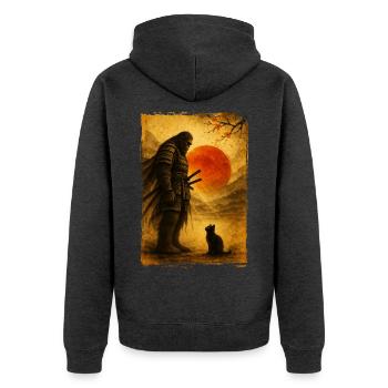 Samurai Bigfoot, Japanisch Grafik, Schwarze Katze - Unisex Premium Bio Zip Hoodie - Anthrazit meliert - Hinten - Nico (187cm)