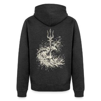 Poseidon-Dreizack-Cream Tintenwellen-Mythologie - Unisex Premium Bio Zip Hoodie - Anthrazit meliert - Hinten - Nico (187cm)