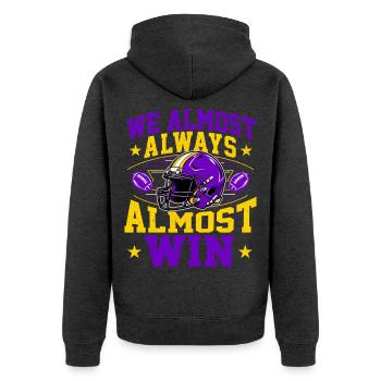 Wir gewinnen fast immer – lila und goldener Fan - Unisex Premium Bio Zip Hoodie - Anthrazit meliert - Hinten - Nico (187cm)