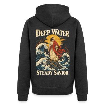 Deep Water Steady Savior Christian Faith Jesus - Unisex Premium Bio Zip Hoodie - Anthrazit meliert - Hinten - Nico (187cm)