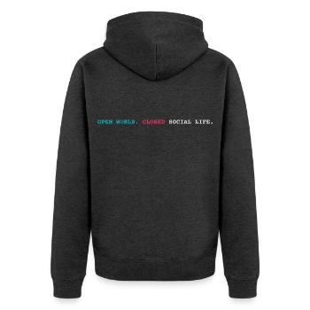 Open World Closed Social Life - Unisex Premium Bio Zip Hoodie - Anthrazit meliert - Hinten - Nico (187cm)