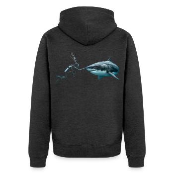 Scuba Diver Booping a Great White Shark  - Unisex Premium Bio Zip Hoodie - Anthrazit meliert - Hinten - Nico (187cm)