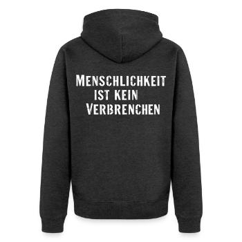 Statement Spruch Menschlichkeit kein Verbrechen - Unisex Premium Bio Zip Hoodie - Anthrazit meliert - Hinten - Nico (187cm)