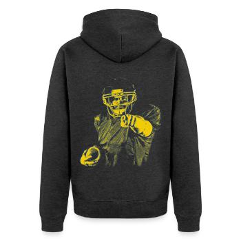 Gelb Blau Football-Star Zeigefinger - Unisex Premium Bio Zip Hoodie - Anthrazit meliert - Hinten - Nico (187cm)