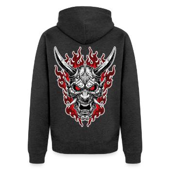 Masque Oni Enfer Portrait Rouge Noir - Veste à capuche bio Premium Unisexe - anthracite chiné - Dos - Nico (187cm)