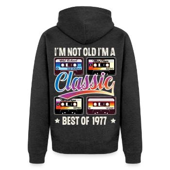 1977 Année de naissance Anniversaire Cassette Vintage - Veste à capuche bio Premium Unisexe - anthracite chiné - Dos - Nico (187cm)