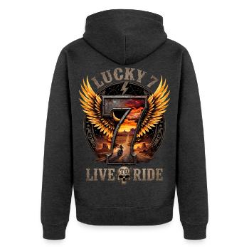Lucky 7: Lebe, um zu fahren - Unisex Premium Bio Zip Hoodie - Anthrazit meliert - Hinten - Nico (187cm)