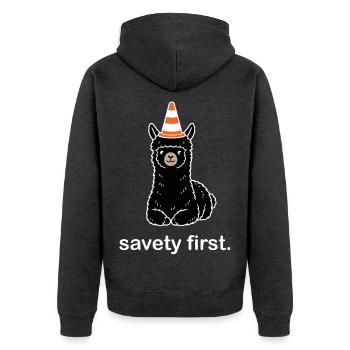 Safety First – Lustiges süßes Alpaka Motiv - Unisex Premium Bio Zip Hoodie - Anthrazit meliert - Hinten - Nico (187cm)