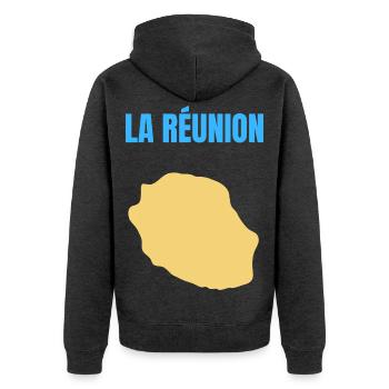 T-Shirt mit goldener Karte auf der Insel La Réunion - Unisex Premium Bio Zip Hoodie - Anthrazit meliert - Hinten - Nico (187cm)