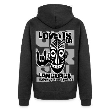 Liebe ist unsere Sprache Grafikmaske - Unisex Premium Bio Zip Hoodie - Anthrazit meliert - Hinten - Nico (187cm)