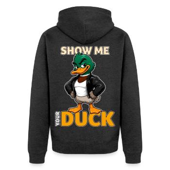 Zeig mir deine Ente lustiges Stockenten-Wortspiel - Unisex Premium Bio Zip Hoodie - Anthrazit meliert - Hinten - Nico (187cm)