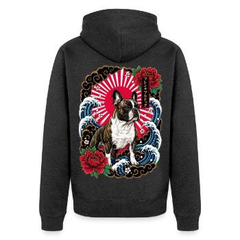 Französische Bulldogge im Japanischen Tattoo Stil - Unisex Premium Bio Zip Hoodie - Anthrazit meliert - Hinten - Nico (187cm)