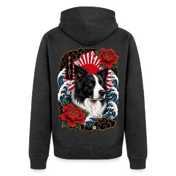 Border Collie im japanischen Irezumi Stil - Unisex Premium Bio Zip Hoodie - Anthrazit meliert - Hinten - Nico (187cm)