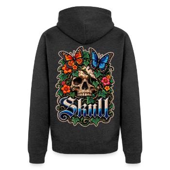Blumen-Schädel mit Schmetterlingen - Unisex Premium Bio Zip Hoodie - Anthrazit meliert - Hinten - Nico (187cm)