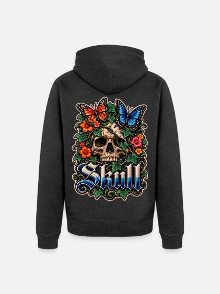 Blumen-Schädel mit Schmetterlingen - Unisex Premium Bio Zip Hoodie - Anthrazit meliert